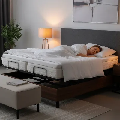 Person sleeping comfortably on an adjustable bed frame in an elevated position