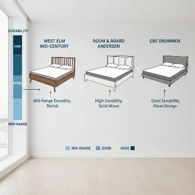 Comparison of West Elm Mid-Century Bed Frame against competitor bed frames, highlighting durability and style differences