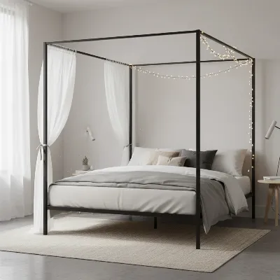 A modern metal canopy bed frame showcasing various draping options, from sheer to open.