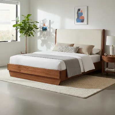 CB2 Drommen Acacia Wood Bed Frame in a modern bedroom setting with natural light