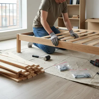 A person carefully removing wooden slats from a bed frame, organizing them into a neat stack.