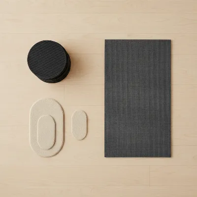Various DIY materials and products like rubber pads, a cut yoga mat, and felt pads arranged to show how to stop a bed frame from sliding on a wood floor