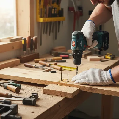 A person is actively building a solid wood bed frame, focusing on a robust joint with a drill and screws. The scene is set in a well-lit home workshop, with wood shavings and other tools visible on a workbench in the background. The lighting is bright and natural, emphasizing the texture of the unfinished pine wood. The style is realistic and instructional.