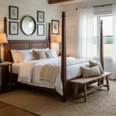 A beautifully styled bedroom with a Pottery Barn Farmhouse bed frame as the centerpiece, showcasing its elegant design.