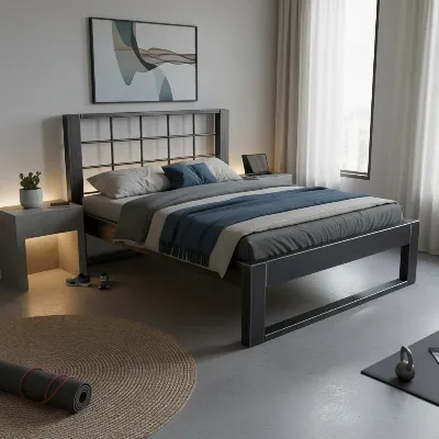 A sleek, modern heavy-duty metal bed frame in a contemporary bedroom, showcasing its sturdy design and stability for active couples.