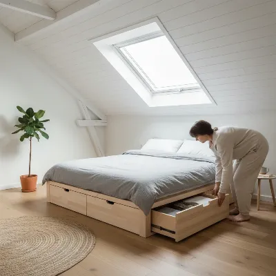 Low profile platform bed frame with storage in an attic bedroom