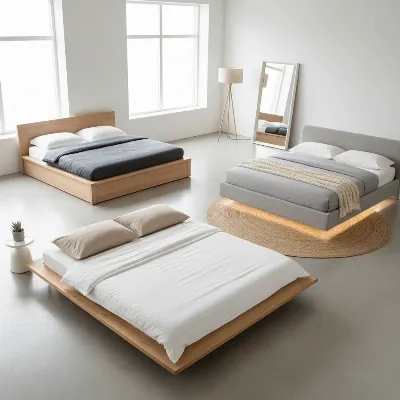 A modern bedroom featuring various minimalist platform bed styles, showcasing clean lines and low profiles.