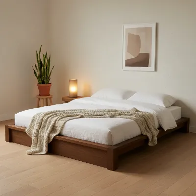 A serene bedroom featuring a minimalist solid wood platform bed frame with simple white bedding and soft ambient lighting.