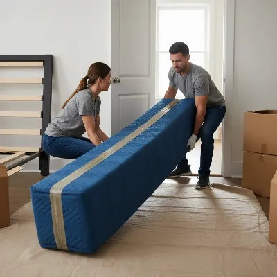 Two people carrying a wrapped bed frame side rail through a doorway.