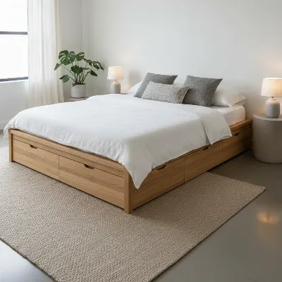 A contemporary wooden platform bed with multiple integrated drawers, demonstrating how under-bed storage is neatly concealed in a stylish bedroom setting.