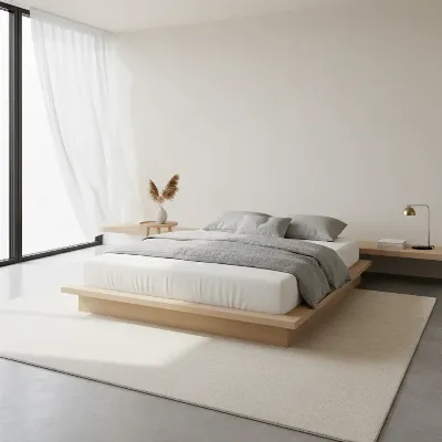 A minimalist modern bedroom featuring a sleek platform bed frame with a memory foam mattress, natural light, and simple decor.