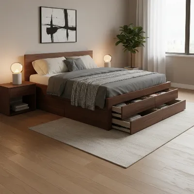 A stylish modern bedroom featuring a platform bed frame with integrated storage drawers visible, demonstrating practical space-saving.