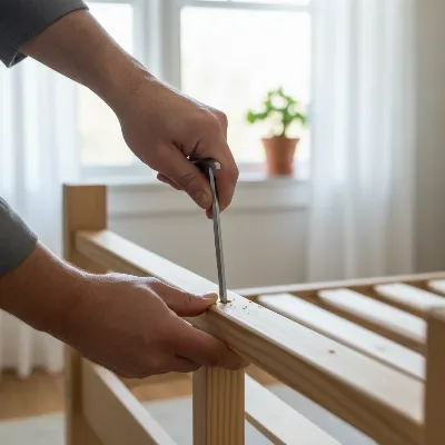 A pair of hands assembling a Pottery Barn Farmhouse bed frame in a light-filled bedroom, showing tools and wood components.