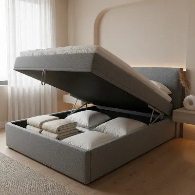 A modern gray upholstered ottoman bed with the top half lifted, revealing a spacious, organized storage compartment beneath, set in a tidy, minimalist bedroom.