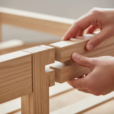 Close-up of Thuma Bed Frame's Japanese joinery during easy assembly.