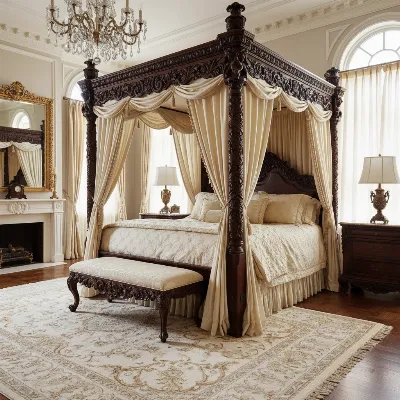 A grand traditional four-poster canopy bed frame in a spacious master bedroom, featuring intricate wood carvings and elegant drapes.