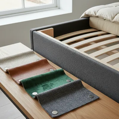 Various upholstery fabric swatches and a cross-section of a bed frame showing solid wood construction
