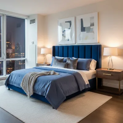 Luxurious velvet upholstered bed frame in a modern bedroom setting with soft lighting and elegant decor