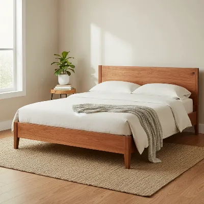 Handcrafted solid wood bed frame from Vermont Woods Studios in a naturally lit bedroom.