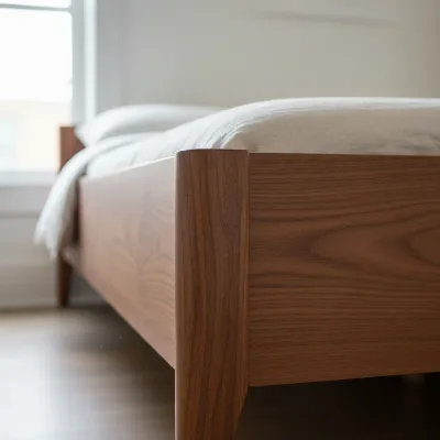 Close-up of West Elm Mid-Century Bed Frame showing solid and engineered wood construction with water-based finish